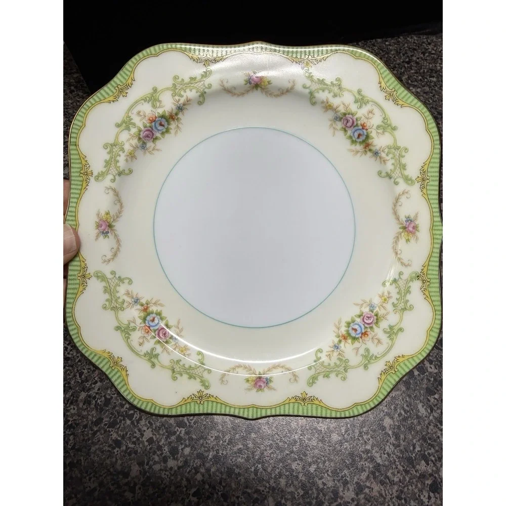 1930s Noritake Marlene Square Salad Plates Scalloped Set of 2 Floral Gold Japan